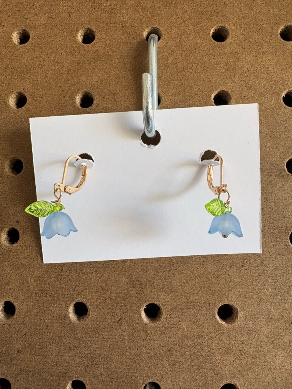 Hand Crafted Light Blue Flower and Green Leaf Drop Earrings
